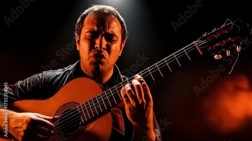 Flamenco Guitarist Passionately Performing on Stage with Dramatic Lighting.