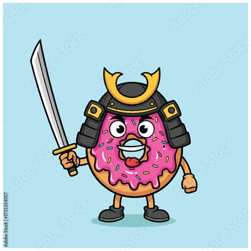 Pink Frosted Donut Samurai Warrior with Katana Sword.