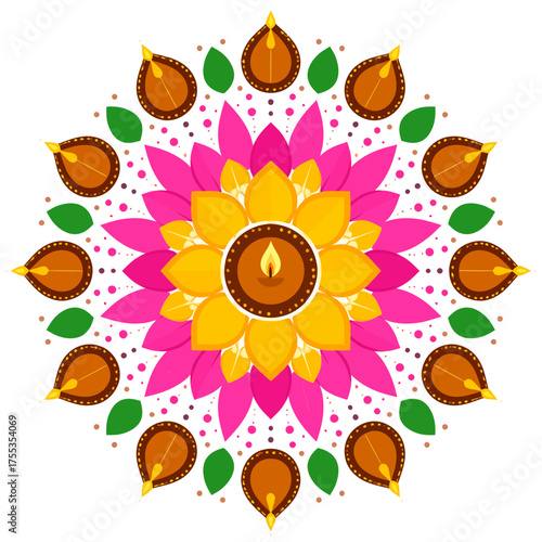 Vibrant Diwali Rangoli Design with Lotus and Diyas.