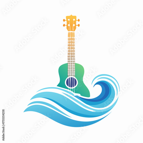 Vibrant Ukulele and Ocean Wave Graphic: A Colorful Musical and Coastal Illustration