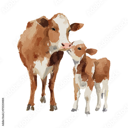 Adorable Cow and Calf Nuzzling Expressing Motherly Love and Affectionate Bond.