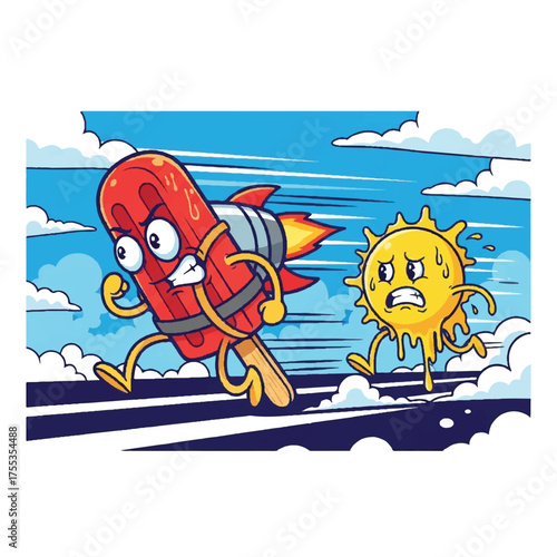 Rocket powered popsicle chases the melting sun in a comical race.