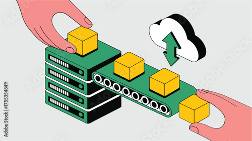 Pink hands place yellow cubes on green conveyor belt next to server racks and cloud upload icon data processing