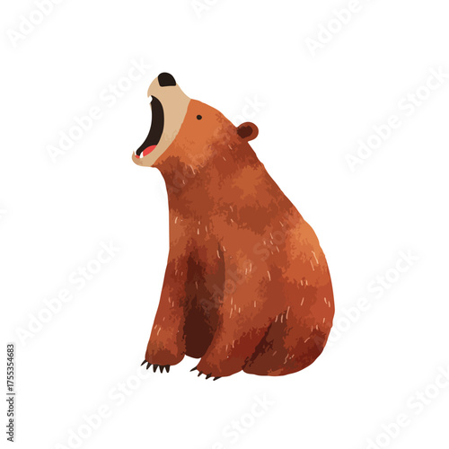 Brown Bear Yawning Cartoon Illustration.
