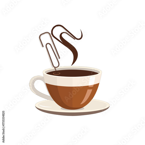 Brown Coffee Cup with Hot Steam and Paperclip on White Background Graphic Illustration Style Drink Presentation Warm Beverage