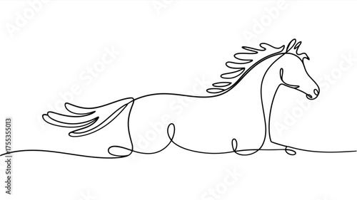 Single line drawing of a black horse running with flowing mane and tail animal black and white