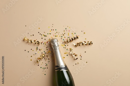 Champagne Bottle with Confetti and Streamers on Beige Background