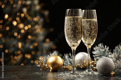 Champagne Glasses with Christmas Decorations for Celebration.