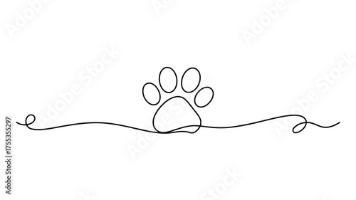 Single line drawing of a dog paw print with a flowing wavy line animal
