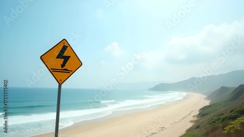 Drone panorama of serene beach with warning signs indicating tsunami risk horizon emphasizing coastal evacuation planning and hazard preparedness measures in  Photo Stock  Concept  and empty space on 