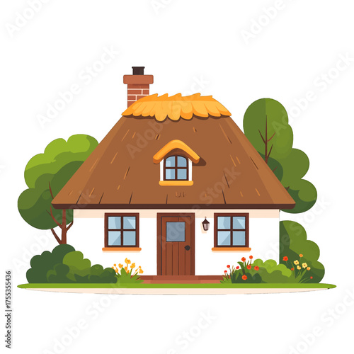 Charming Thatched Cottage with White Walls and Lush Greenery Detailed Illustration of Quaint House Amidst Trees and Flowers Under a Bright Sky