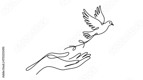 Single line drawing of a dove flying from open hands against a white background bird