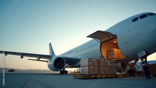 Airplane cargo area being readied for shipment loading displaying packaging techniques and shipment protocols for secure international transport in  Photo Stock  Concept  and empty space on the left s