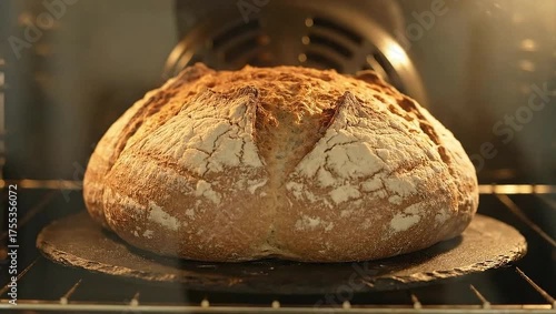 Freshly Baked Artisan Bread Loaf Inside a Hot Oven Ready to Eat.