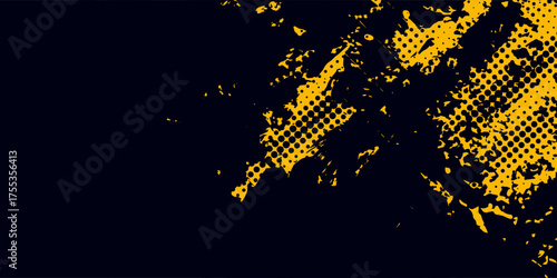 Halftone yellow dots pattern and black gradient grunge texture background. Dotted line comic sport style vector illustration.