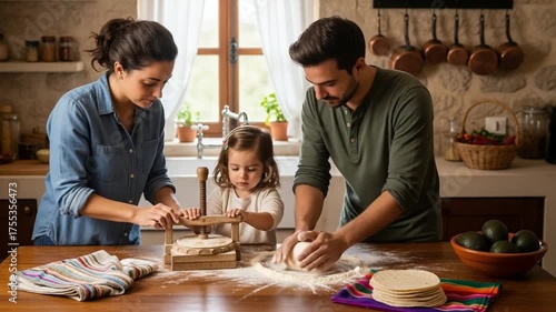Family Baking Together in Kitchen Making Homemade Tortillas