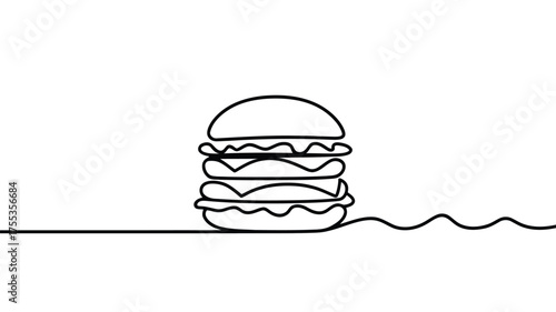 Single line drawing of a stacked hamburger on a white background food fast food