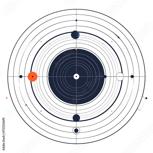 Abstract Circular Astrological Chart with Planets and Rings on White Background