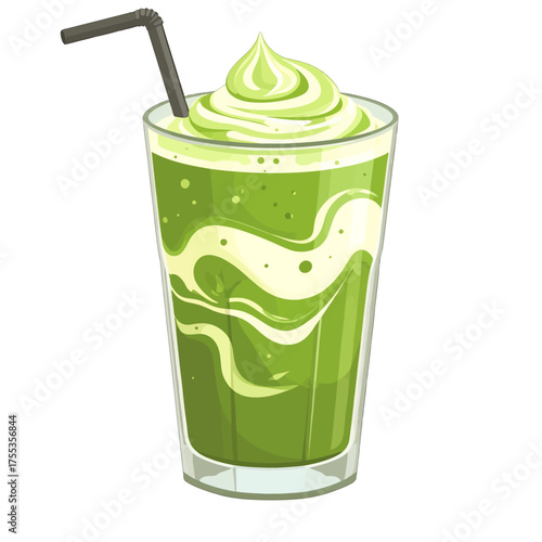 Pixel Art Green Tea Frappe with Cream and Straw Isolated on White Background Digital Illustration Minimalist Retro Style Beverage