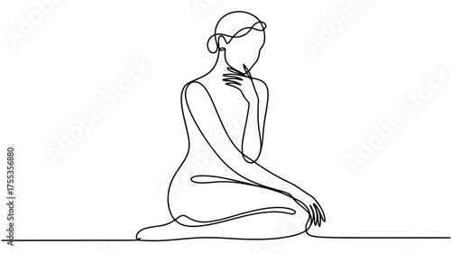 Single line drawing of a woman sitting with hand on chin contemplating line art contemplation