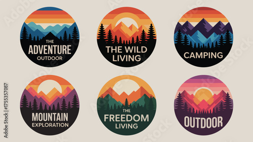 Six circular nature landscape graphics with text adventure wild living camping exploration freedom outdoor