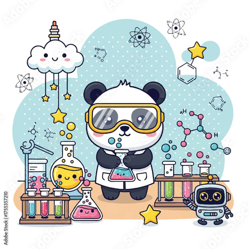 Cute Panda Scientist in Lab Coat with Beakers and Test Tubes.