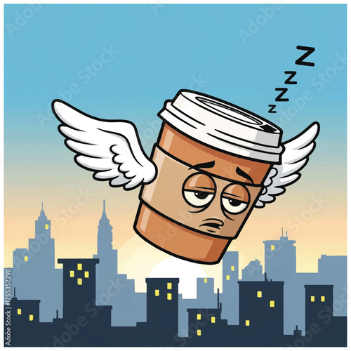 Tired cartoon coffee cup with angel wings sleeping.