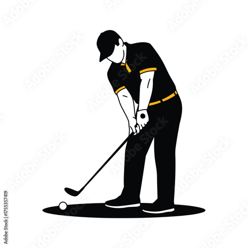 Stylized black and yellow golf player in action hitting a white ball golfer sport