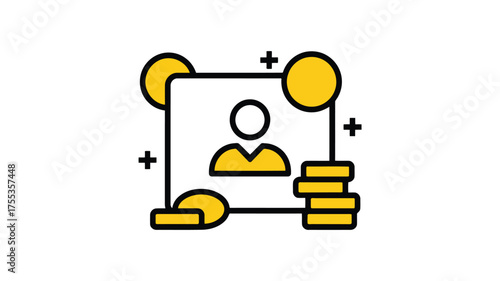 Stylized icon of a person profile with stacked coins and plus signs user avatar