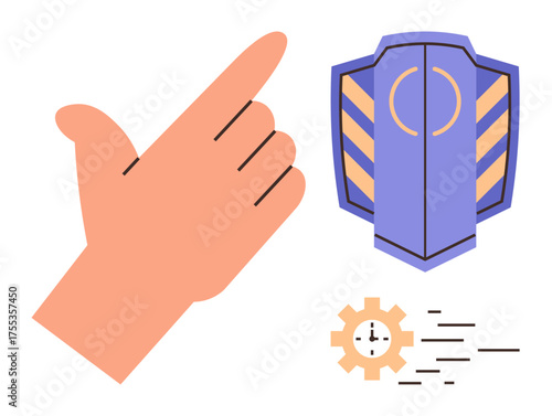 Hand gesture signaling swift action beside a shield for security, clock and gear for time management and productivity. Ideal for protection, efficiency, timing, security, teamwork, solutions