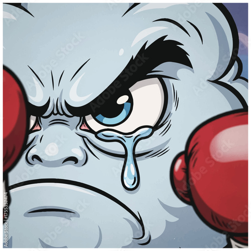 Emotional cartoon monster boxer with red gloves shedding a tear.