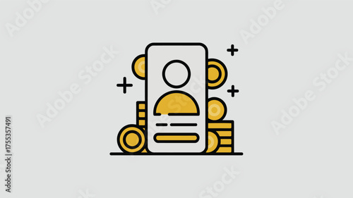 Stylized icon of a smartphone with gold coins and plus signs on a light gray background mobile phone