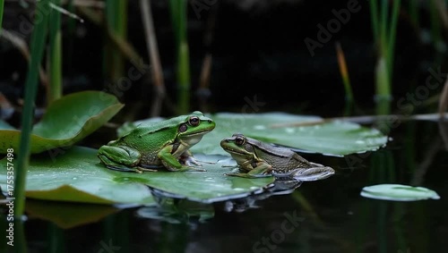Frogs on Lily Pads in Pond - Natures Peaceful Scene.