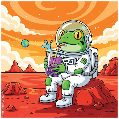 Astronaut Frog Sipping Boba Tea on Mars.