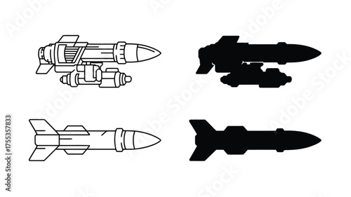 Two black and white line art rockets and two black silhouette rockets missile weapon