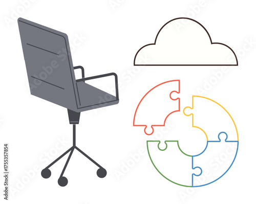 Modern office chair, segmented cloud outline, colorful circular puzzle. Ideal for teamwork, creativity, brainstorming, problem-solving, innovation, productivity simple flat metaphor
