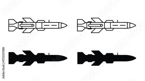 Two black line art and two black silhouette icons of a missile on a white background rocket bomb