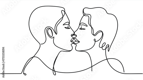 Two men kissing in continuous line drawing style on white background couple love