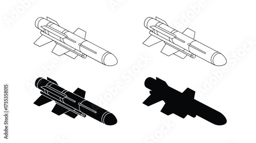 Two Line Art Missiles and Two Silhouette Missiles Isometric View rocket weapon