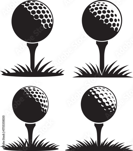 Four golf balls on tees silhouette