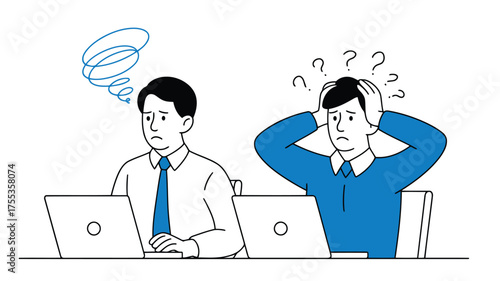 Two men looking confused and stressed while working on laptops with question marks and swirling lines