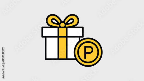 White gift box with yellow ribbon and gold coin featuring letter P present