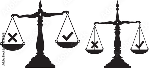 Justice scales with checkmark and cross silhouette