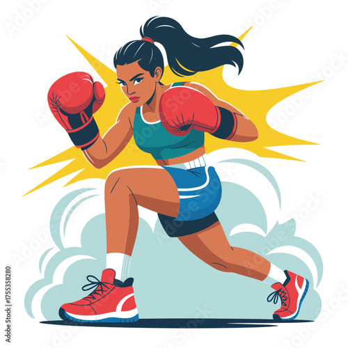 Woman boxer in red gloves and teal top in fighting stance with yellow burst boxing