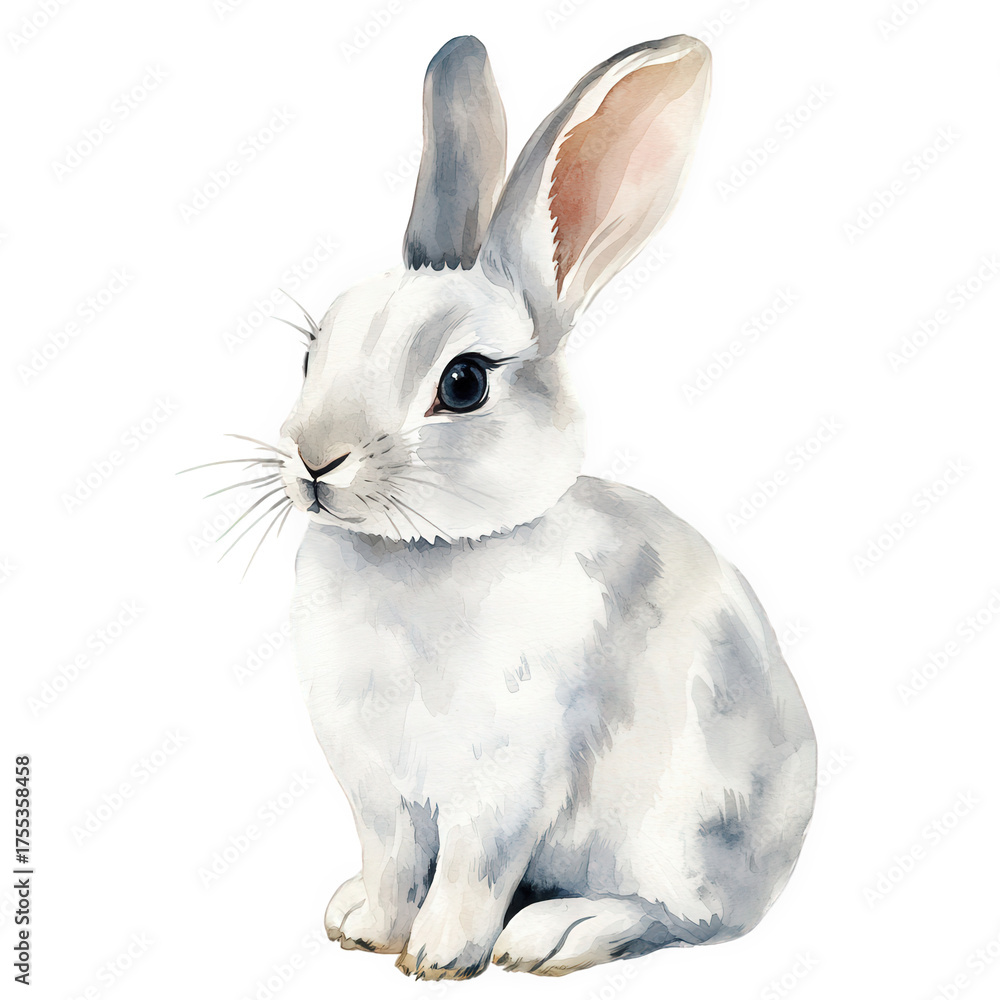 Obraz premium Watercolor painting of a cute white rabbit isolated on transparent background, showcasing its fluffy fur, long ears, and adorable features in a delicate artistic style