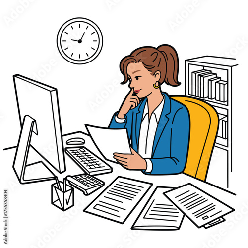 Woman in blue jacket sitting at desk with computer and papers looking thoughtful office