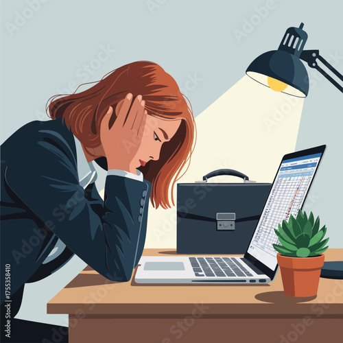 Woman in dark suit holding head in frustration at desk with laptop and briefcase vector