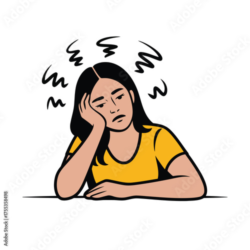 Woman with dark hair resting head on hand looking bored with wavy lines above head girl young