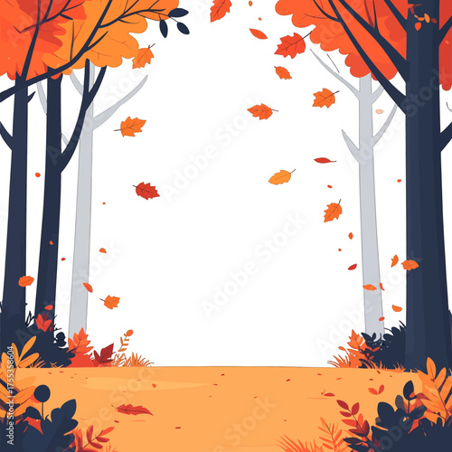 Autumnal Forest Frame with Falling Orange Leaves and Tall Trees in Flat Style with a White Background for Text Overlay