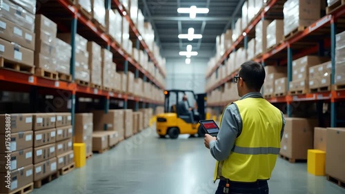 Warehouse manager overseeing Canadian goods warehouse operations with pallet racking high shelving forklifts and inventory control scanners ensuring efficient order fulfillment in  Photo Stock  Concep